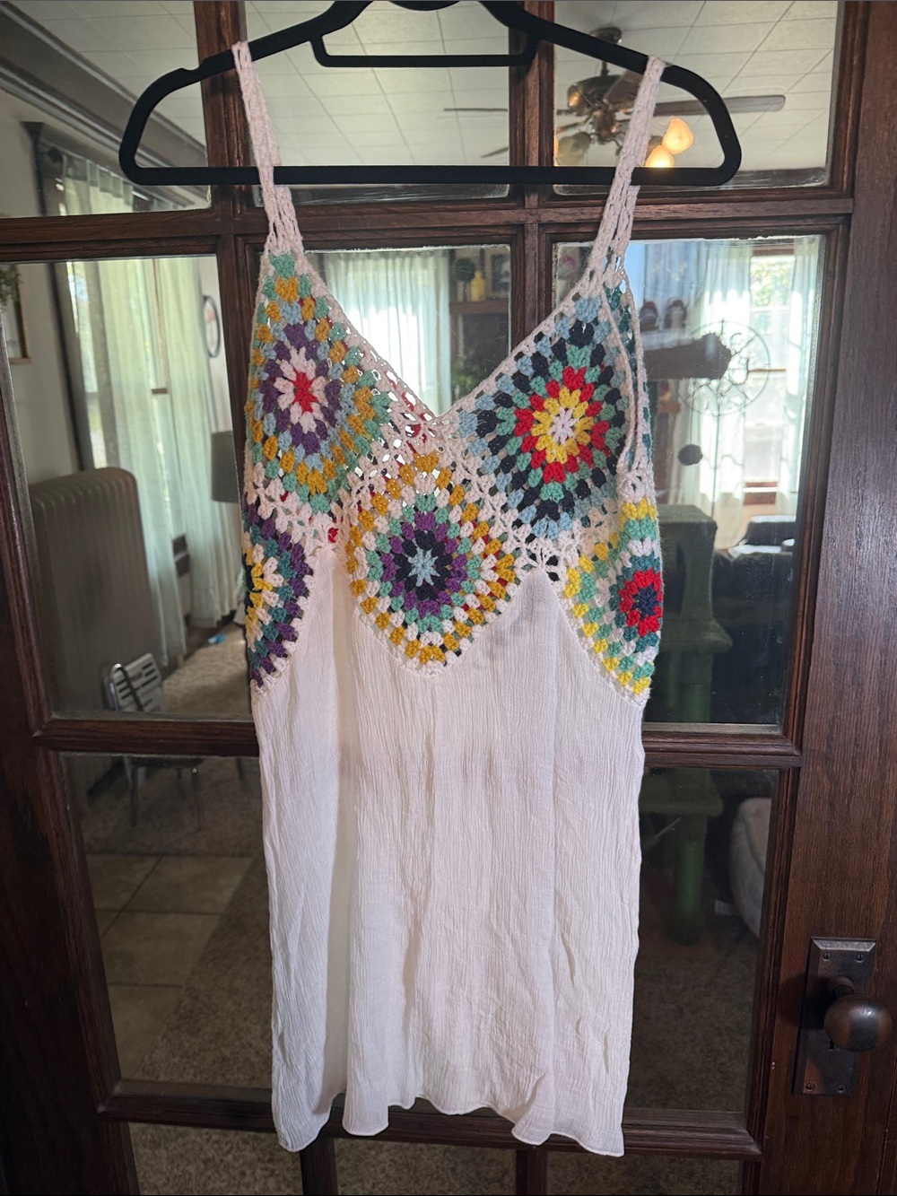 Boho Crochet Granny Square Gauze Cami Top White Multi Color S M‎